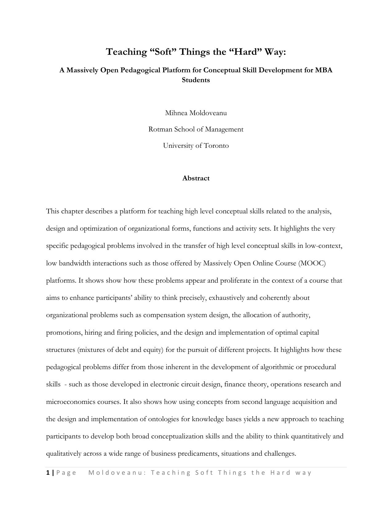 Teaching 'Soft' Things the 'Hard' Way - A Massively Open Pedagogical Platform for Conceptual Skill Development for MBA Students (Paper)