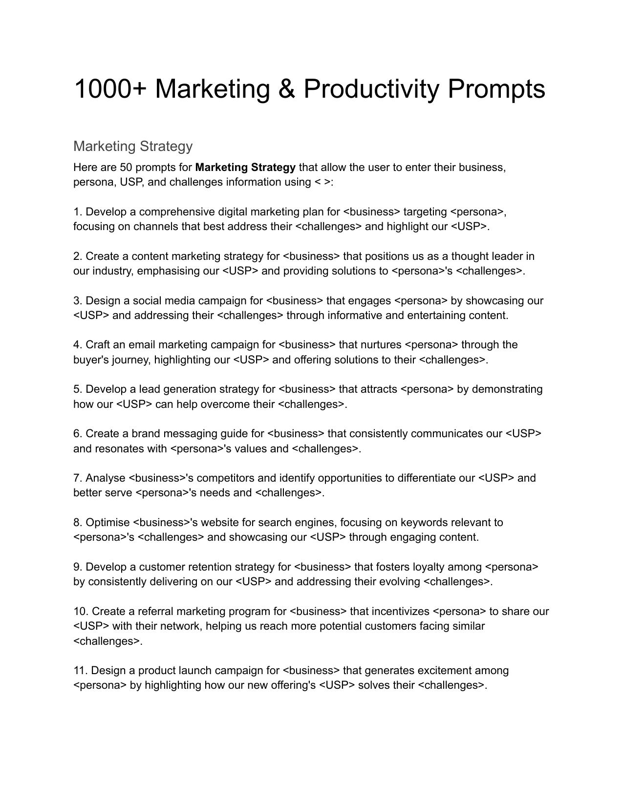 1000+ Marketing & Productivity Prompts